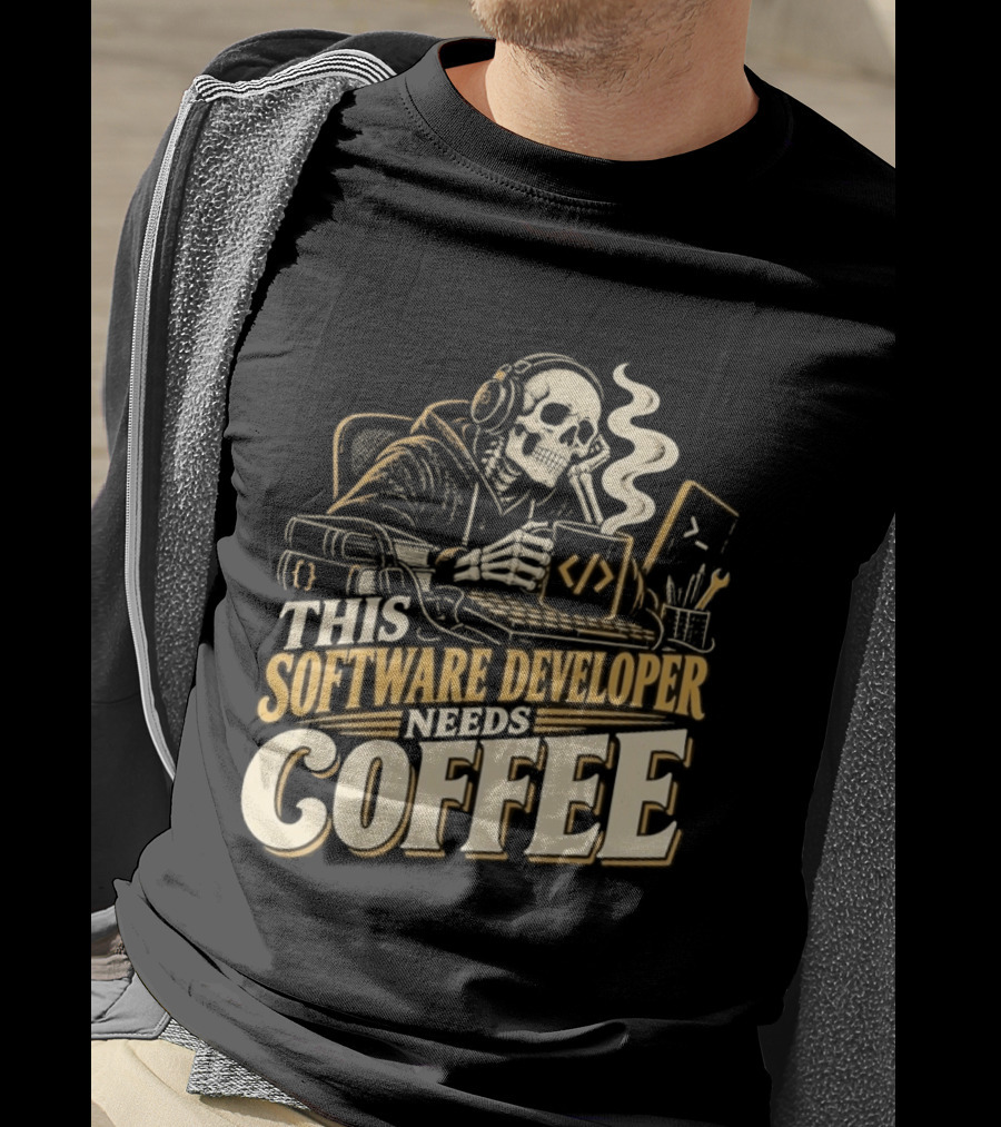 This Software Developer Needs Coffee Coding Skeleton T-Shirt