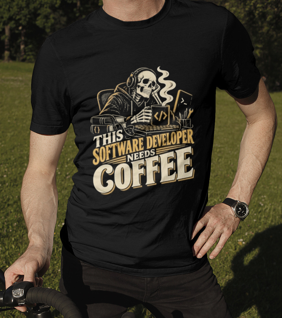 This Software Developer Needs Coffee Coding Skeleton T-Shirt