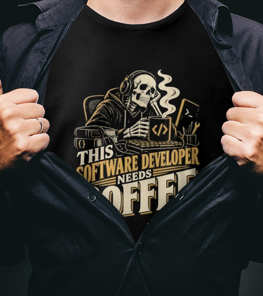 This Software Developer Needs Coffee Coding Skeleton T-Shirt