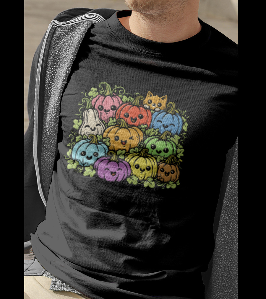 Halloween Cute Colorful Pumpkins And Gourds With Orange Cat T-Shirt