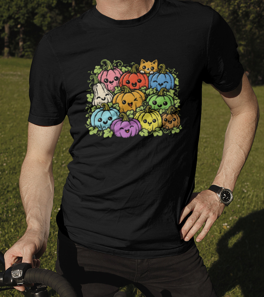 Halloween Cute Colorful Pumpkins And Gourds With Orange Cat T-Shirt