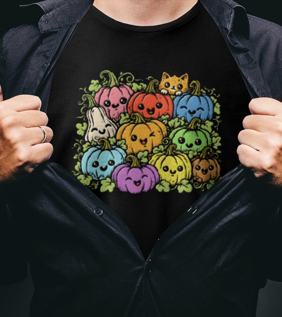 Halloween Cute Colorful Pumpkins And Gourds With Orange Cat T-Shirt