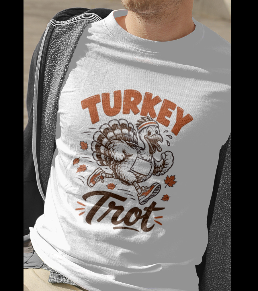 Turkey Trot Running Thanksgiving Holiday Turkey With Headband And Falling Leaves T-Shirt