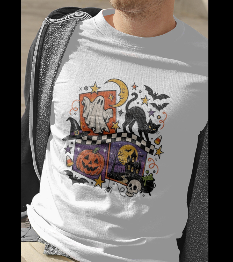 Halloween Ghost Cat Moon Pumpkin Witch Hat Skull Scene T-Shirt