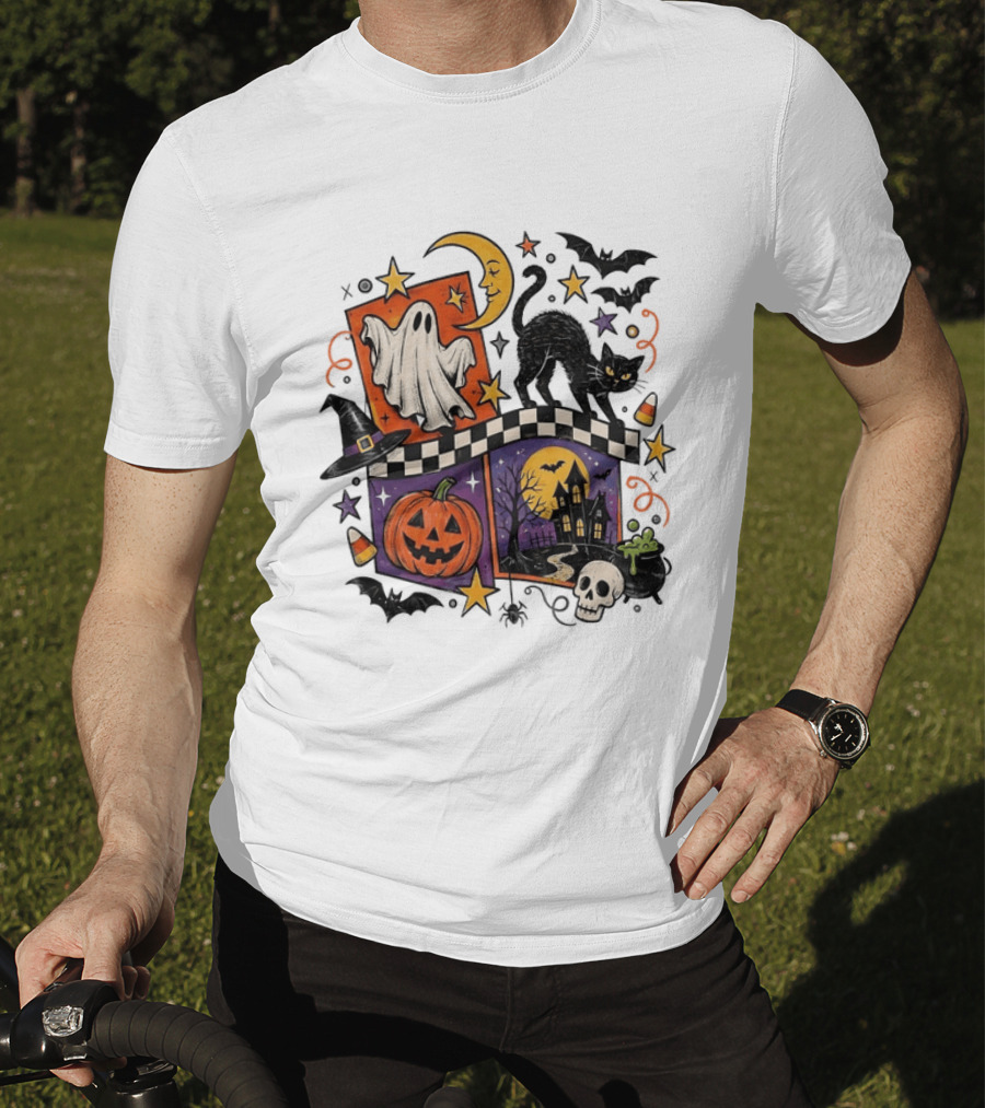 Halloween Ghost Cat Moon Pumpkin Witch Hat Skull Scene T-Shirt