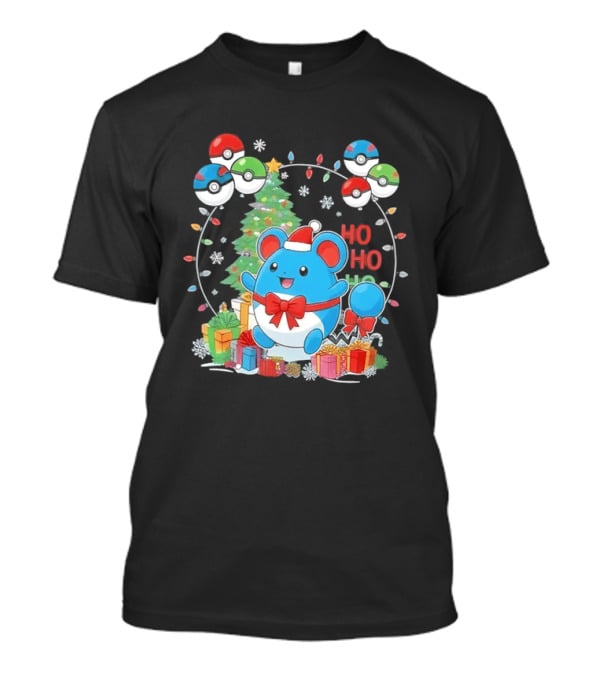 Marill Pokemon Christmas Ho Ho Ho Holiday Pokeballs Snowflakes Presents T-Shirt
