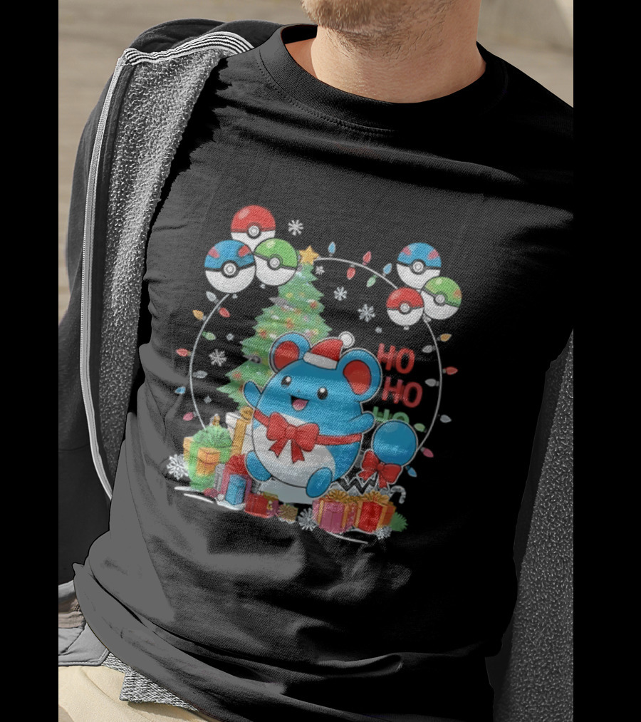 Marill Pokemon Christmas Ho Ho Ho Holiday Pokeballs Snowflakes Presents T-Shirt