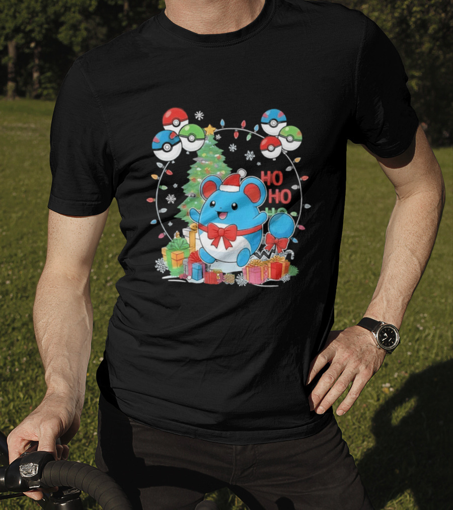 Marill Pokemon Christmas Ho Ho Ho Holiday Pokeballs Snowflakes Presents T-Shirt