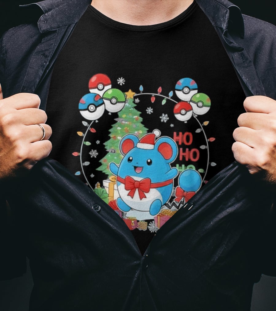Marill Pokemon Christmas Ho Ho Ho Holiday Pokeballs Snowflakes Presents T-Shirt