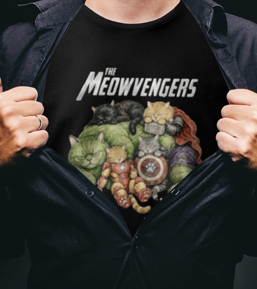 Marvel The Meowvengers Cats As Avengers Sleeping With Superhero Costumes T-Shirt