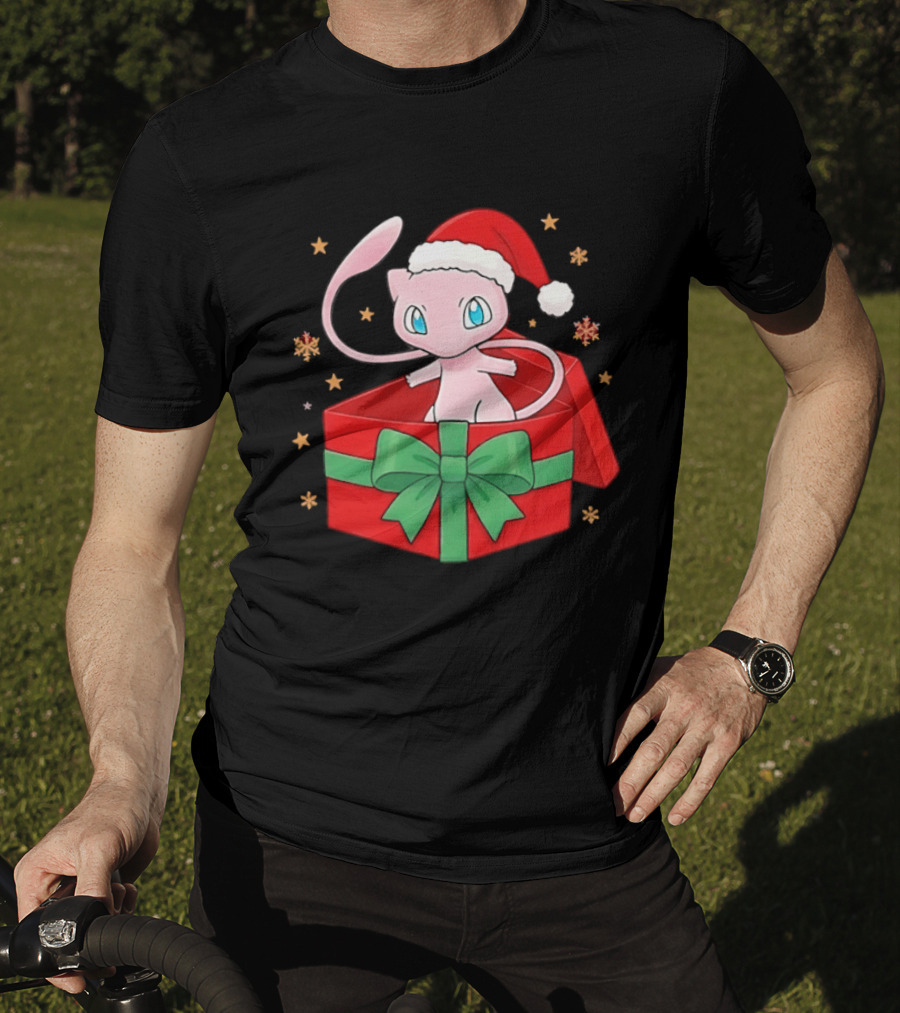 Mew Christmas Gift Box Pokemon Holiday Santa Hat Festive T-Shirt