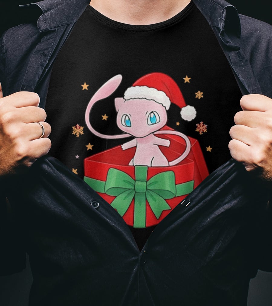 Mew Christmas Gift Box Pokemon Holiday Santa Hat Festive T-Shirt