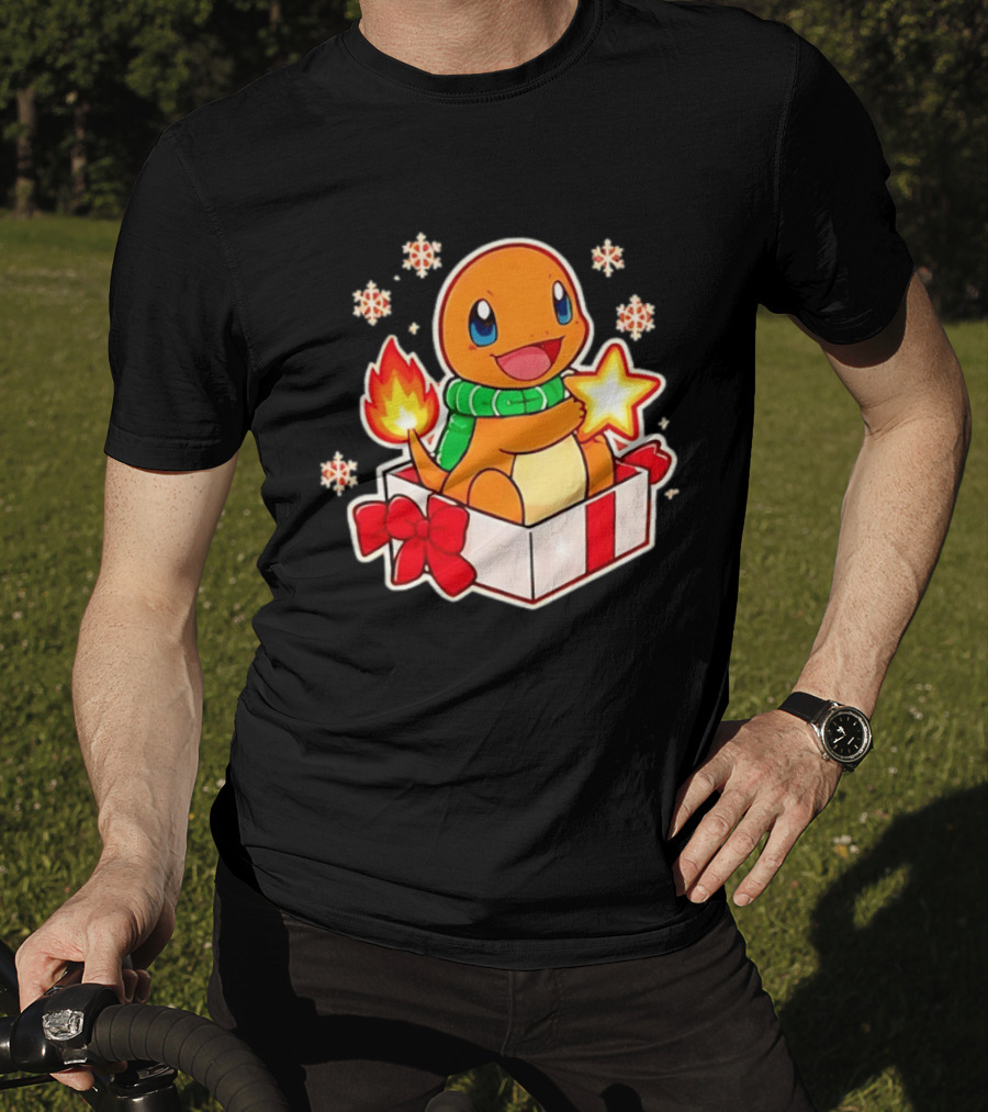 Charmander Holding Star In Christmas Gift Box With Snowflakes And Green Scarf T-Shirt