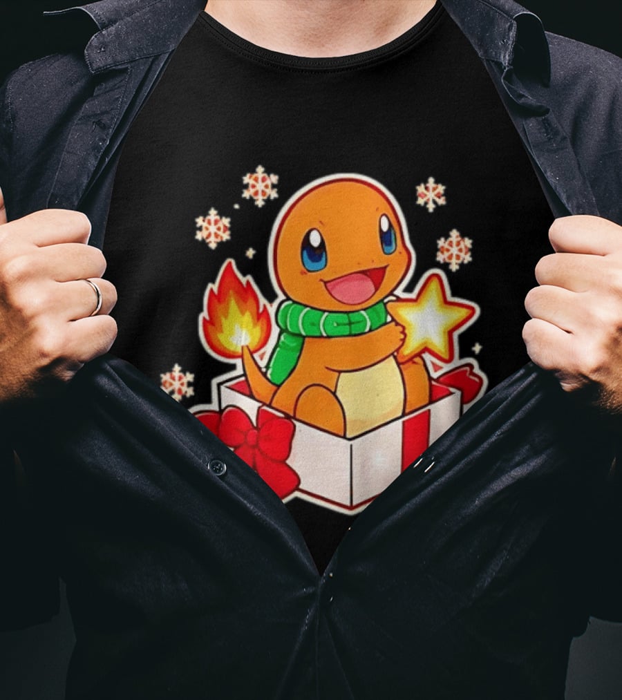 Charmander Holding Star In Christmas Gift Box With Snowflakes And Green Scarf T-Shirt