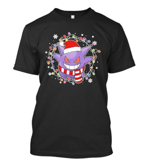 Gengar Christmas Lights Holiday Festive Santa Hat And Scarf T-Shirt
