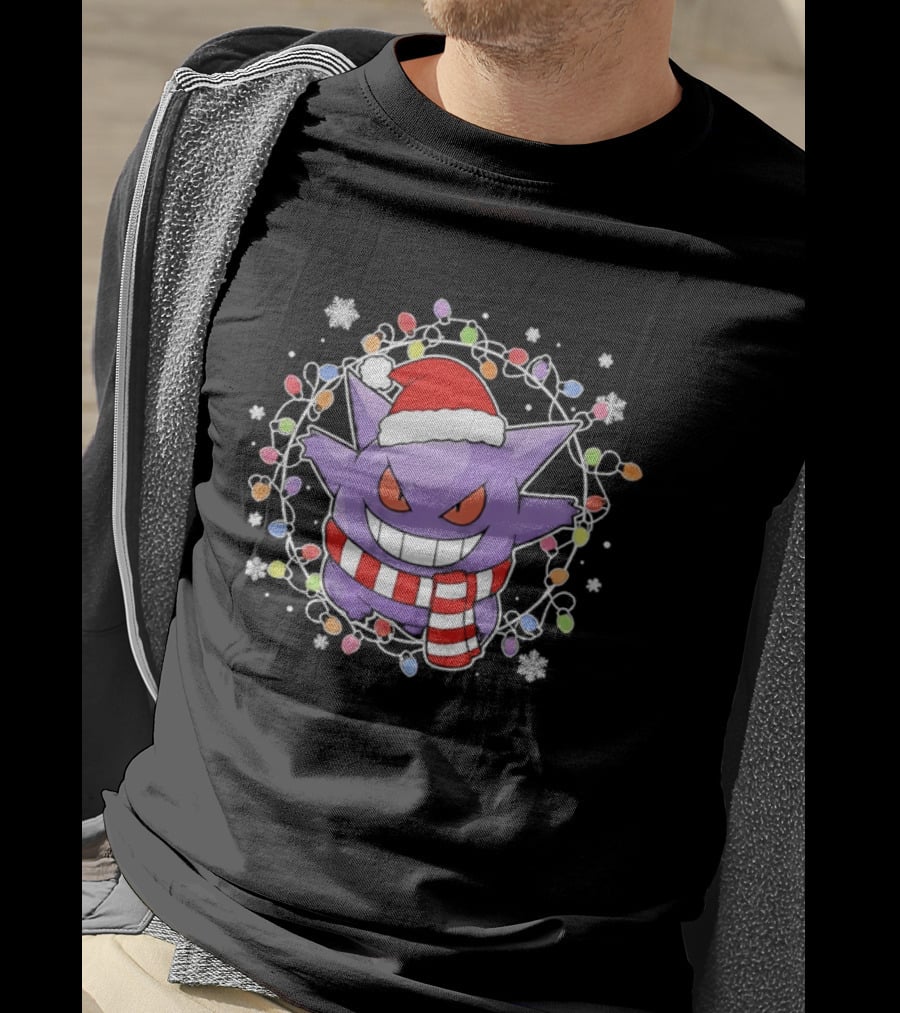 Gengar Christmas Lights Holiday Festive Santa Hat And Scarf T-Shirt