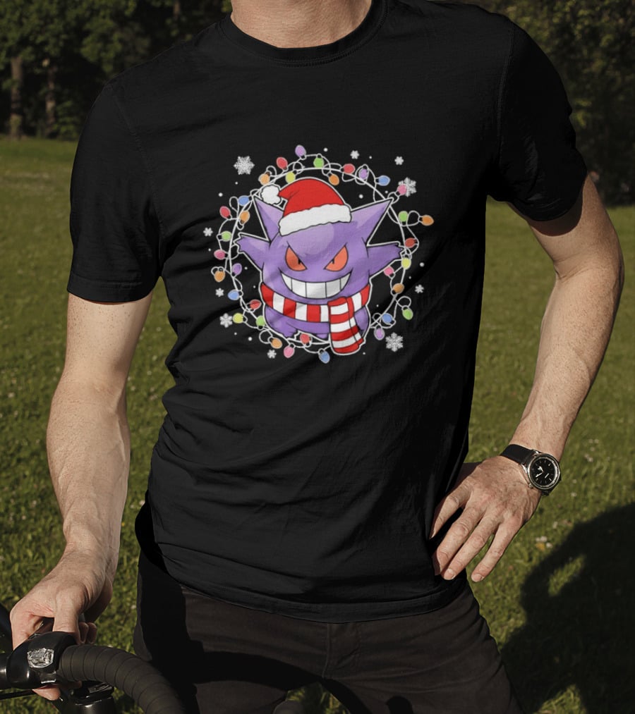 Gengar Christmas Lights Holiday Festive Santa Hat And Scarf T-Shirt