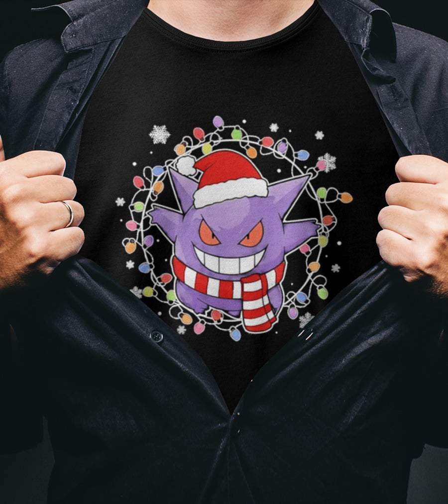 Gengar Christmas Lights Holiday Festive Santa Hat And Scarf T-Shirt
