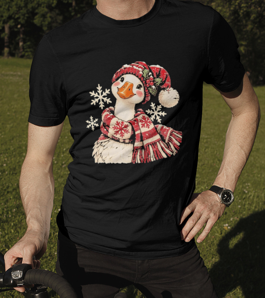 Goose With Red Scarf And Hat In Snowflake Winter Scene T-Shirt