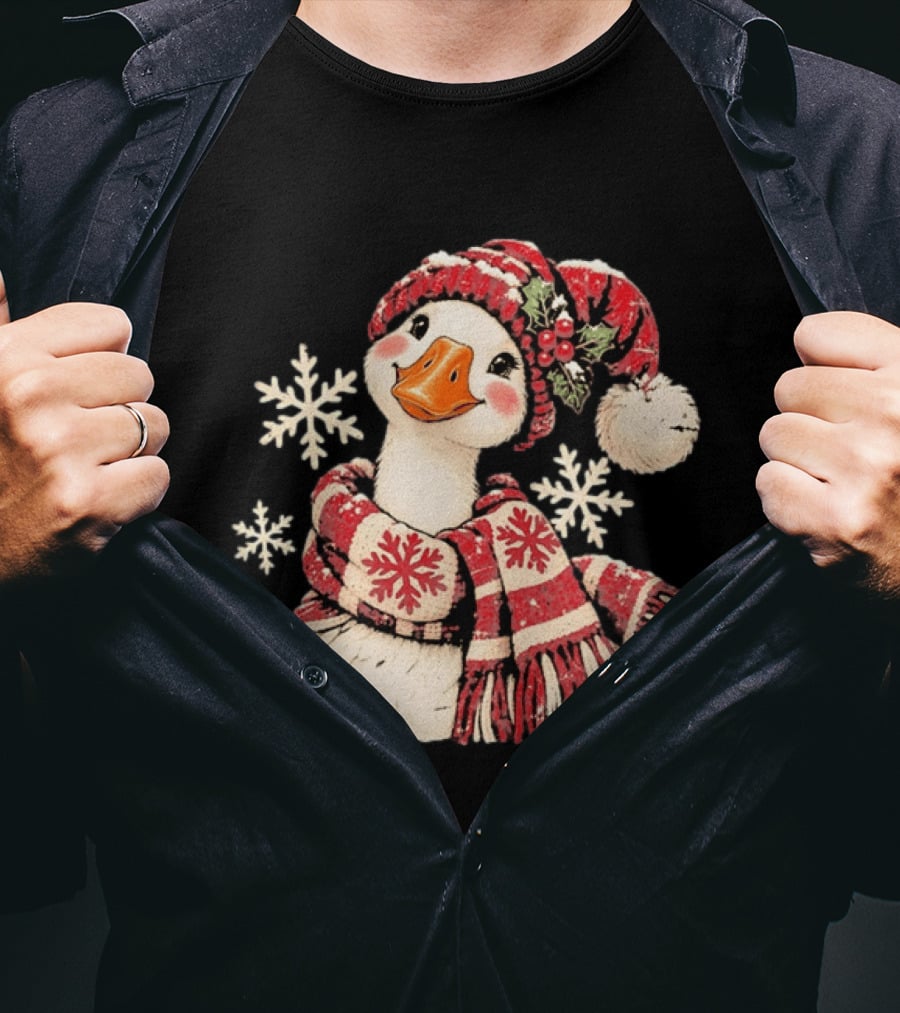 Goose With Red Scarf And Hat In Snowflake Winter Scene T-Shirt
