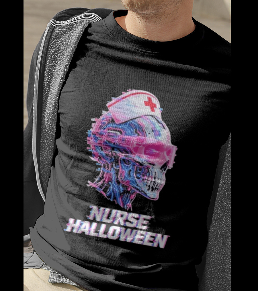 Nurse Halloween Cybernetic Skull Glitch Futuristic Nurse Cap And Neon Skull T-Shirt