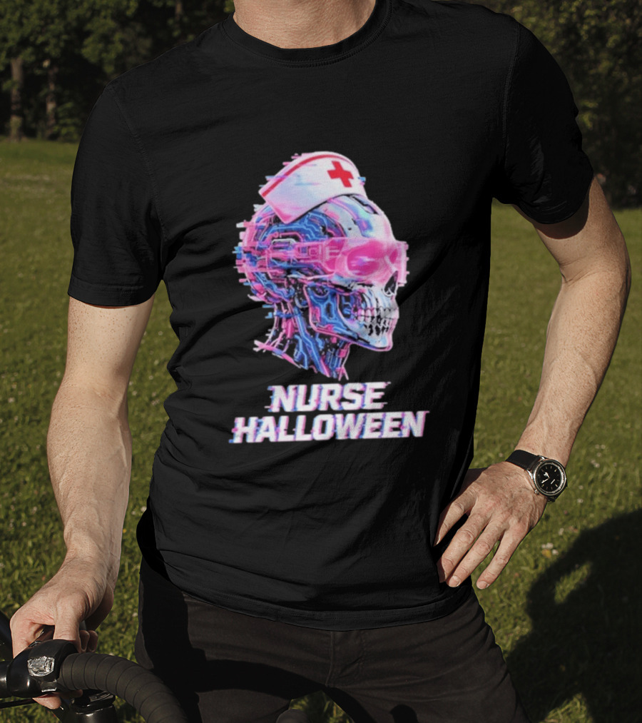 Nurse Halloween Cybernetic Skull Glitch Futuristic Nurse Cap And Neon Skull T-Shirt