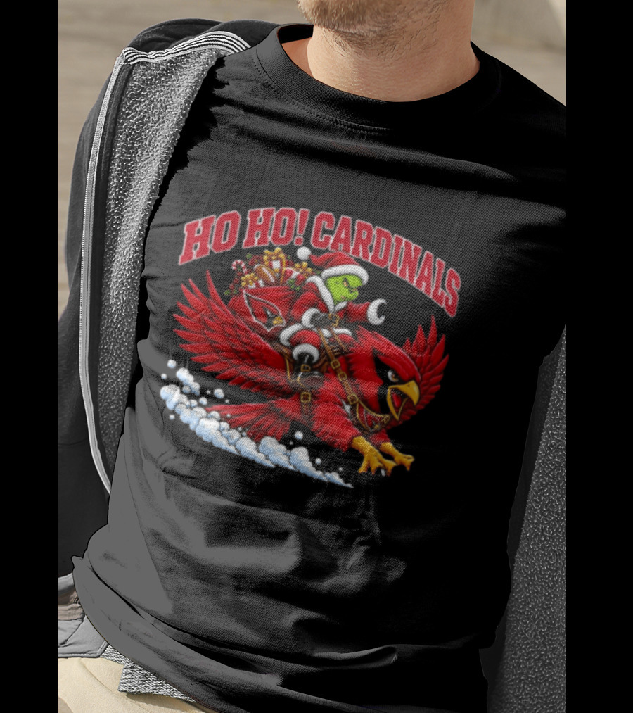 HO HO Cardinals Grinch Christmas Football Arizona Riding Sleigh T-Shirt