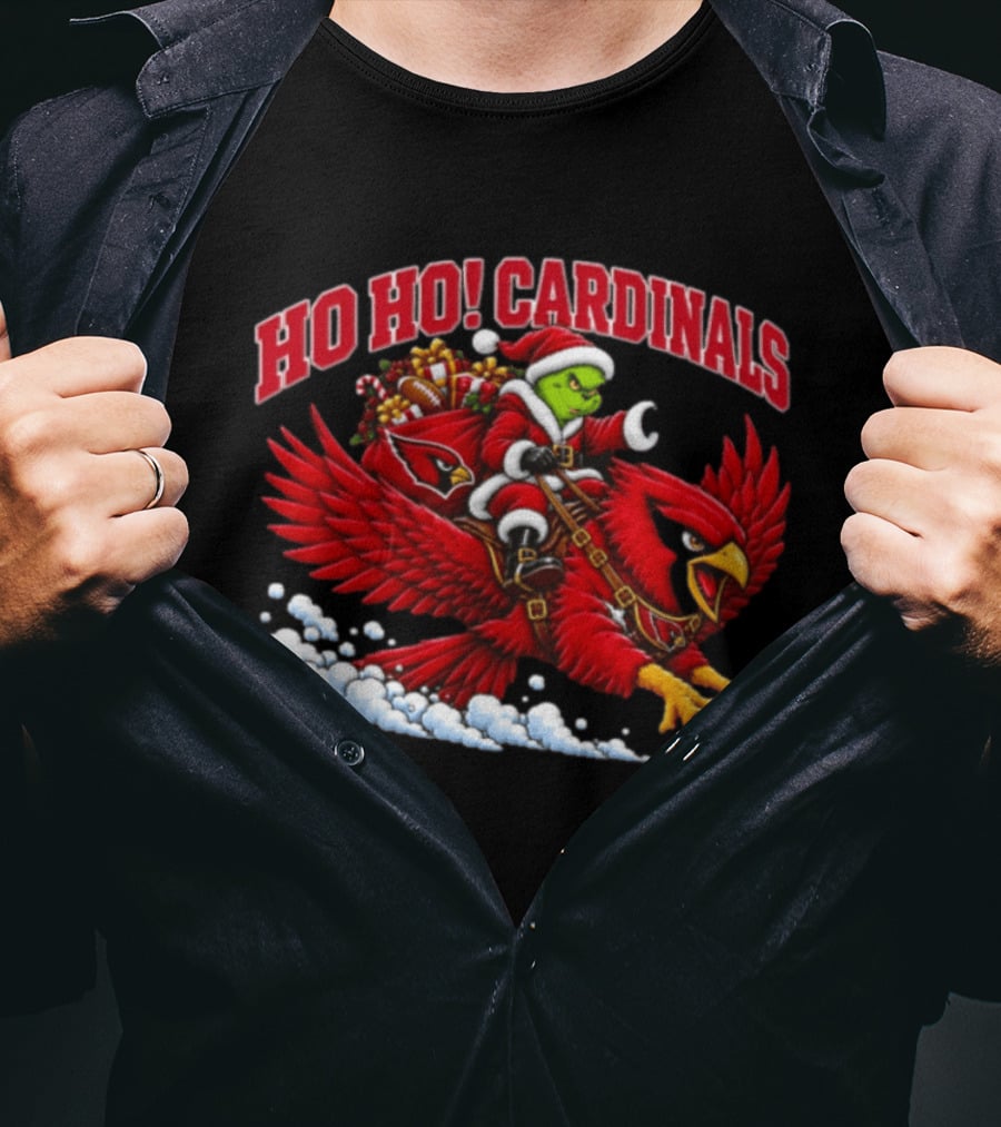 HO HO Cardinals Grinch Christmas Football Arizona Riding Sleigh T-Shirt