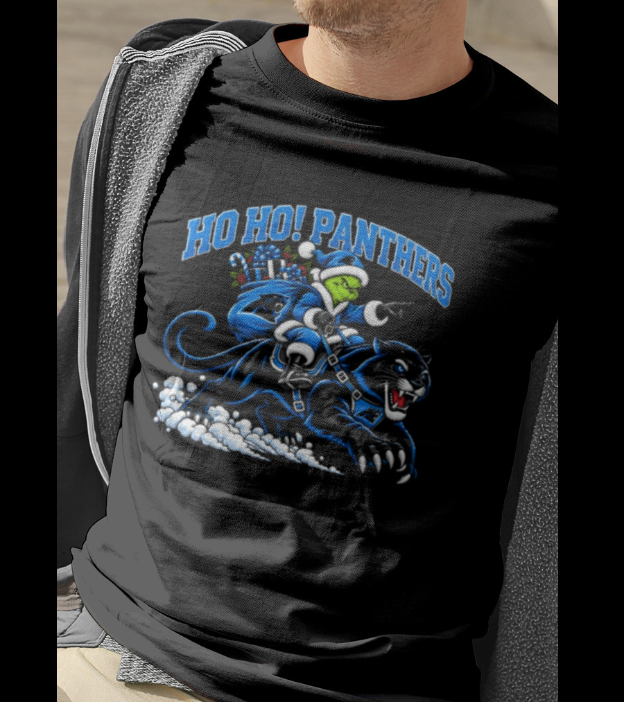 Ho Ho Panthers Grinch Christmas Football Riding Panther T-Shirt