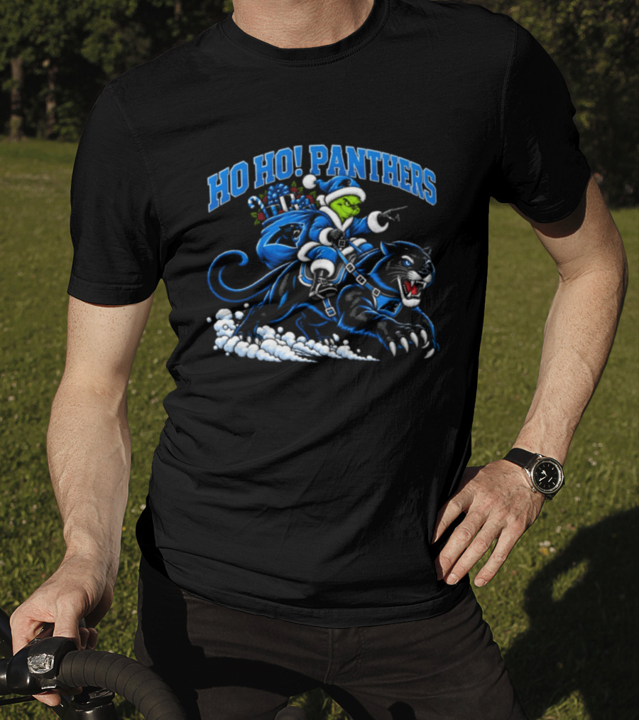 Ho Ho Panthers Grinch Christmas Football Riding Panther T-Shirt