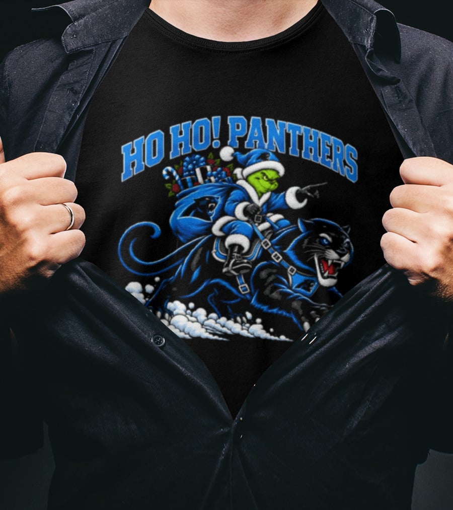 Ho Ho Panthers Grinch Christmas Football Riding Panther T-Shirt