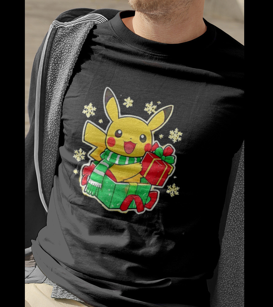 Pikachu Christmas Scarf With Gift Box Pokemon Holiday T-Shirt