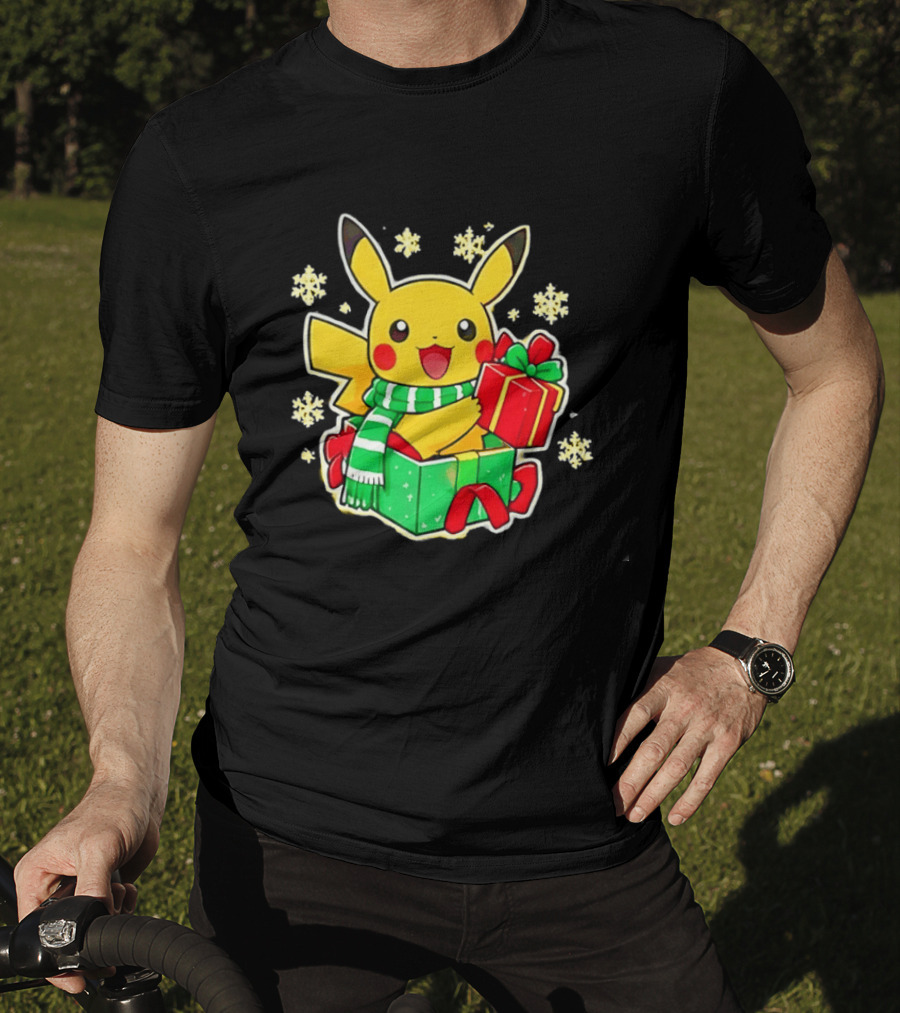 Pikachu Christmas Scarf With Gift Box Pokemon Holiday T-Shirt