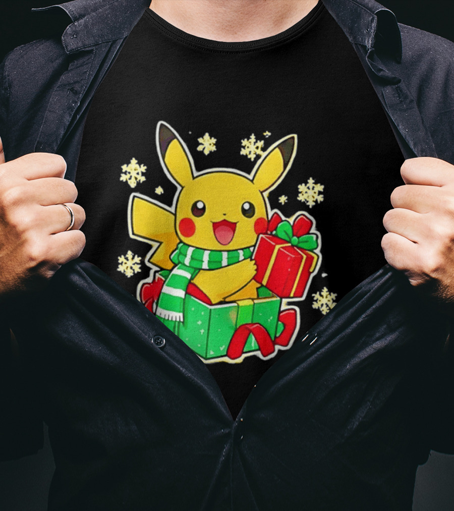 Pikachu Christmas Scarf With Gift Box Pokemon Holiday T-Shirt