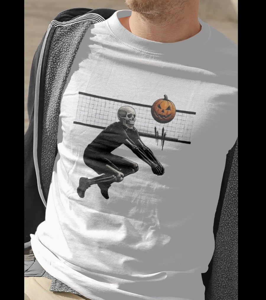 Bump Or Treat Halloween Volleyball Skeleton Pumpkin Spike T-Shirt