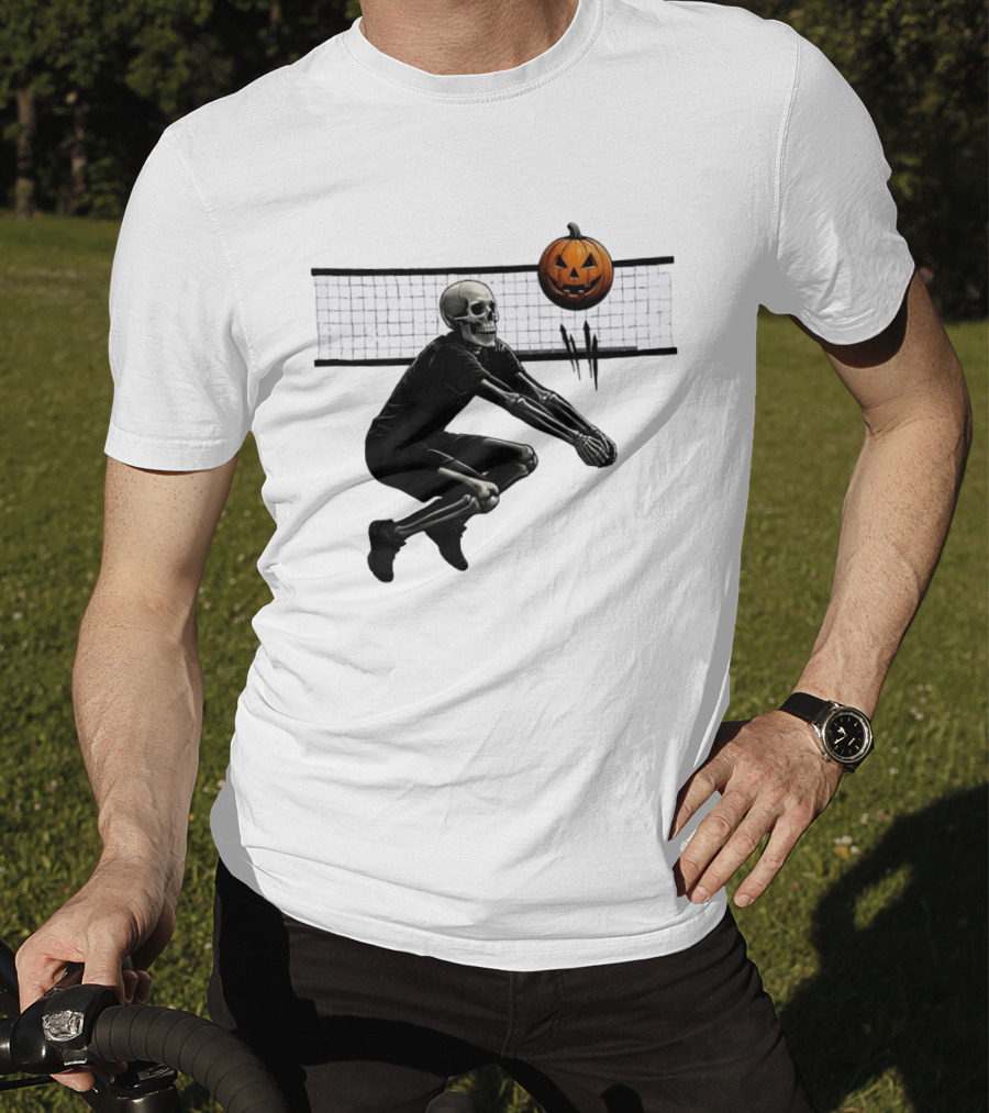 Bump Or Treat Halloween Volleyball Skeleton Pumpkin Spike T-Shirt