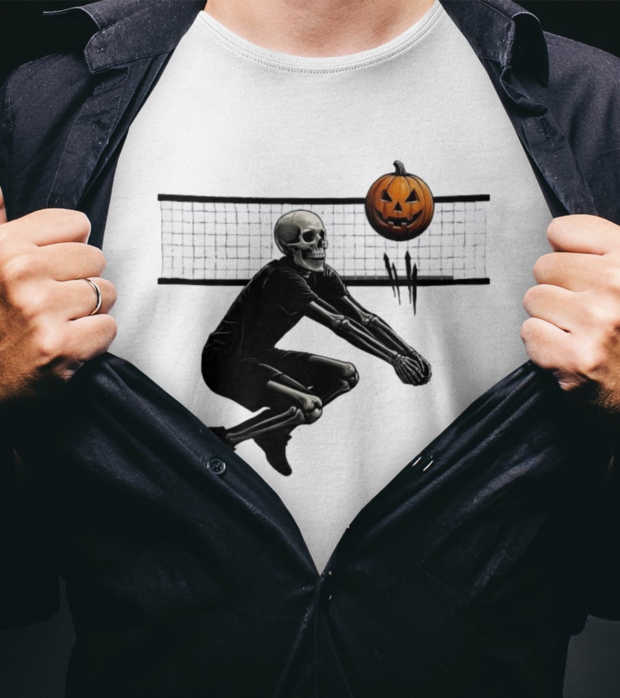 Bump Or Treat Halloween Volleyball Skeleton Pumpkin Spike T-Shirt