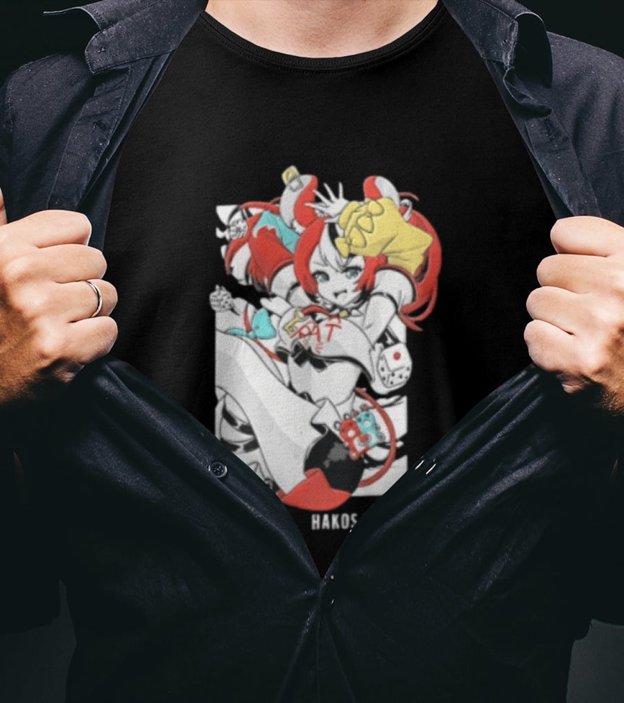 Hololive Hakos Baelz Anime Girl Red Hair Dice Playful Jumping T-Shirt