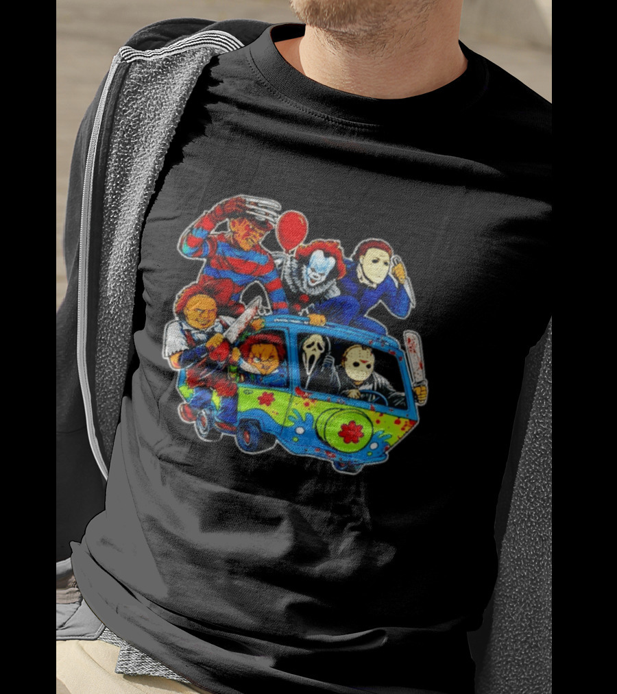 Horror Movie Icons Ride In Mystery Machine Van With Murderous Villains T-Shirt
