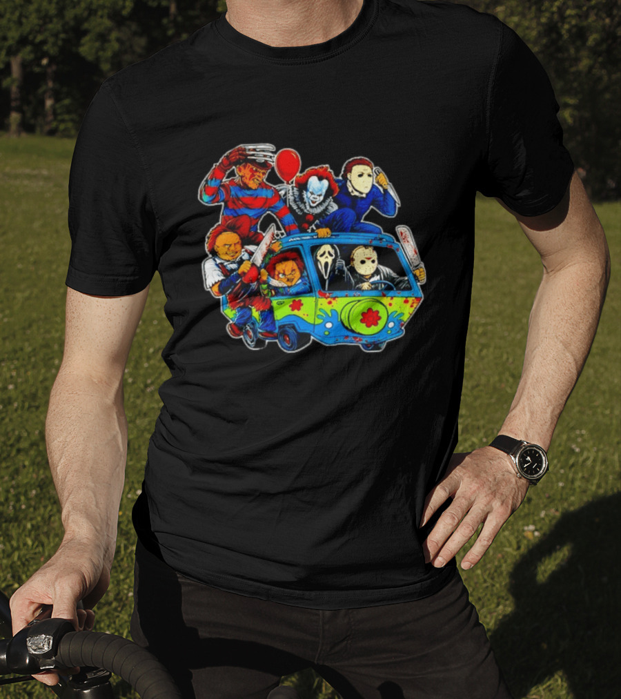 Horror Movie Icons Ride In Mystery Machine Van With Murderous Villains T-Shirt