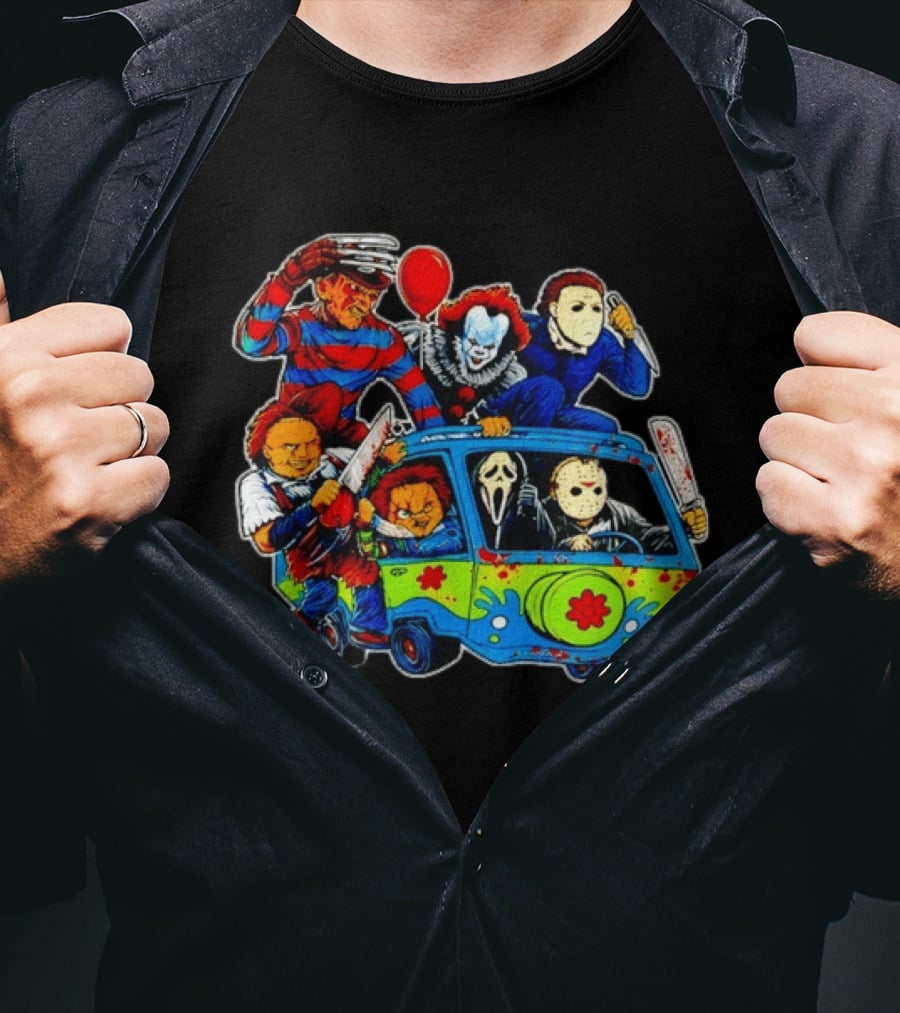 Horror Movie Icons Ride In Mystery Machine Van With Murderous Villains T-Shirt