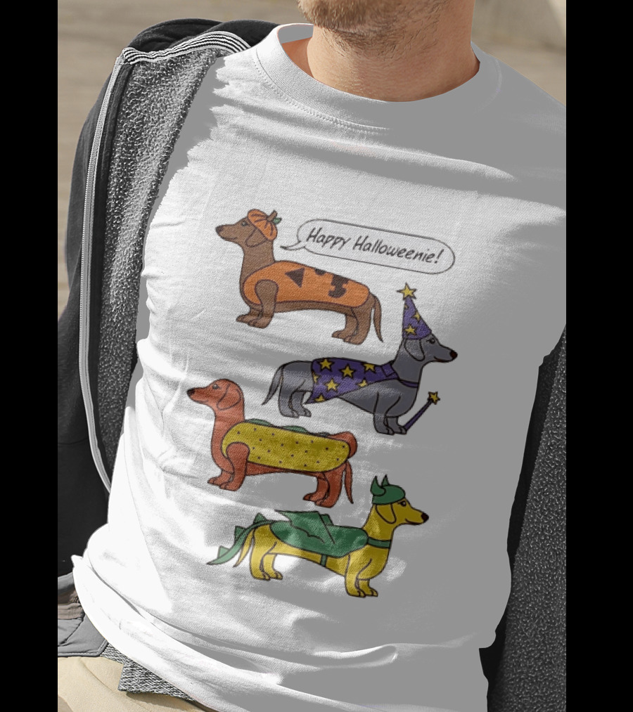 Happy Halloweenie Dachshund Dogs Costumes Pumpkin Wizard Hot Dog Dragon T-Shirt