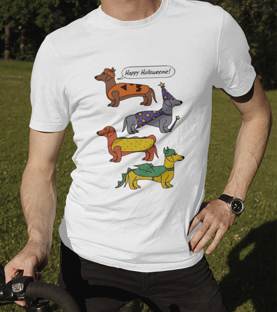 Happy Halloweenie Dachshund Dogs Costumes Pumpkin Wizard Hot Dog Dragon T-Shirt