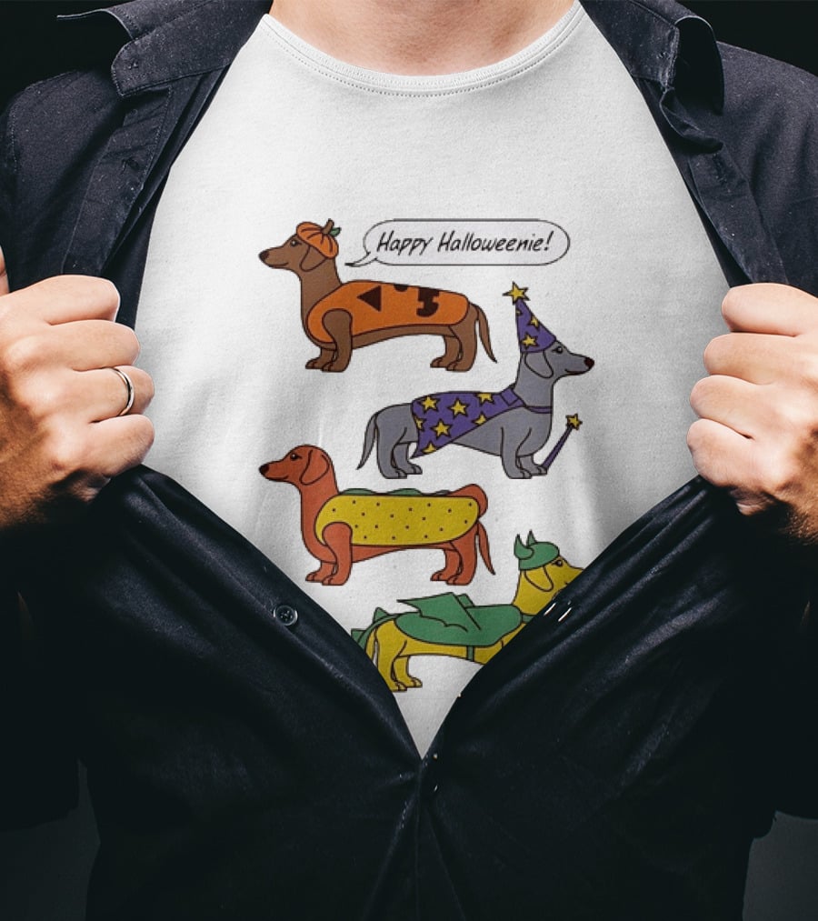 Happy Halloweenie Dachshund Dogs Costumes Pumpkin Wizard Hot Dog Dragon T-Shirt