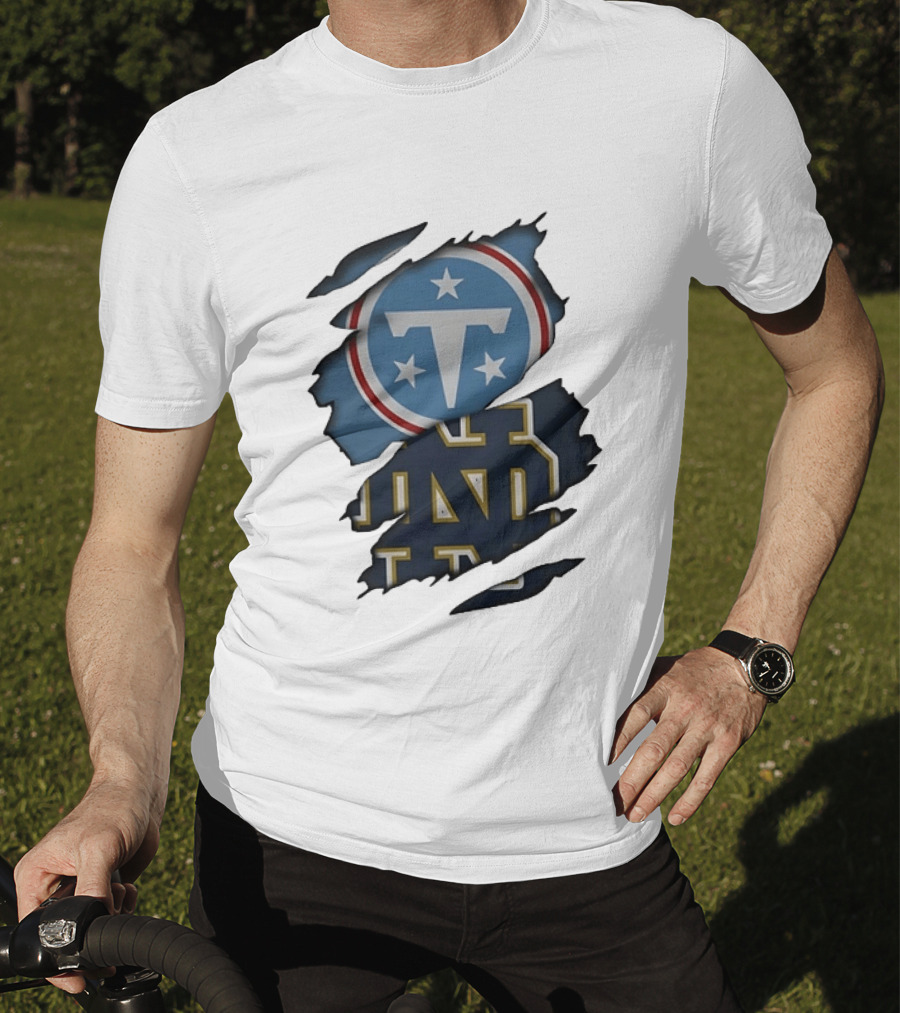 Tennessee Titans Notre Dame Fighting Irish Ripped NCAA Football Collaboration T-Shirt