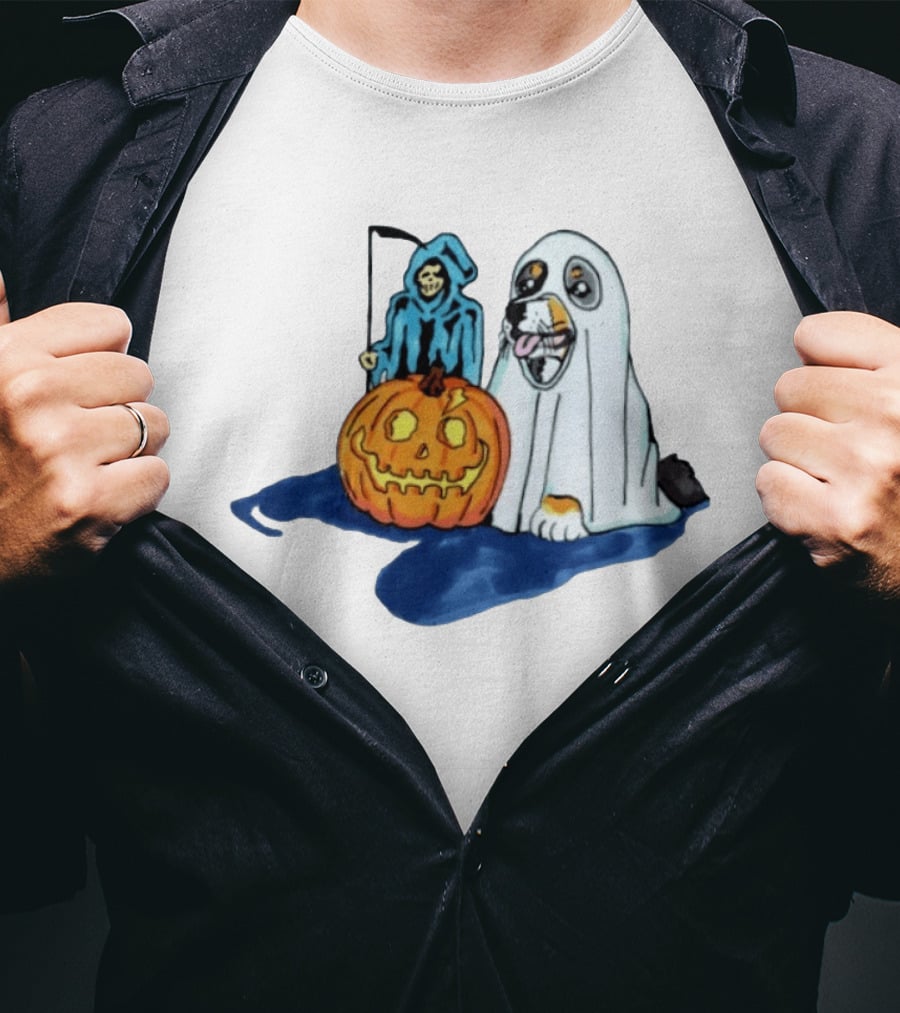 Trick Or Treat Dog Ghost Costume With Grim Reaper And Pumpkin T-Shirt