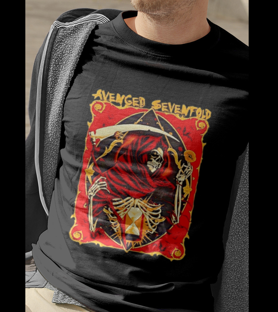 Avenged Sevenfold Grim Reaper Scythe Skeleton Hourglass Cloaked Skeleton T-Shirt