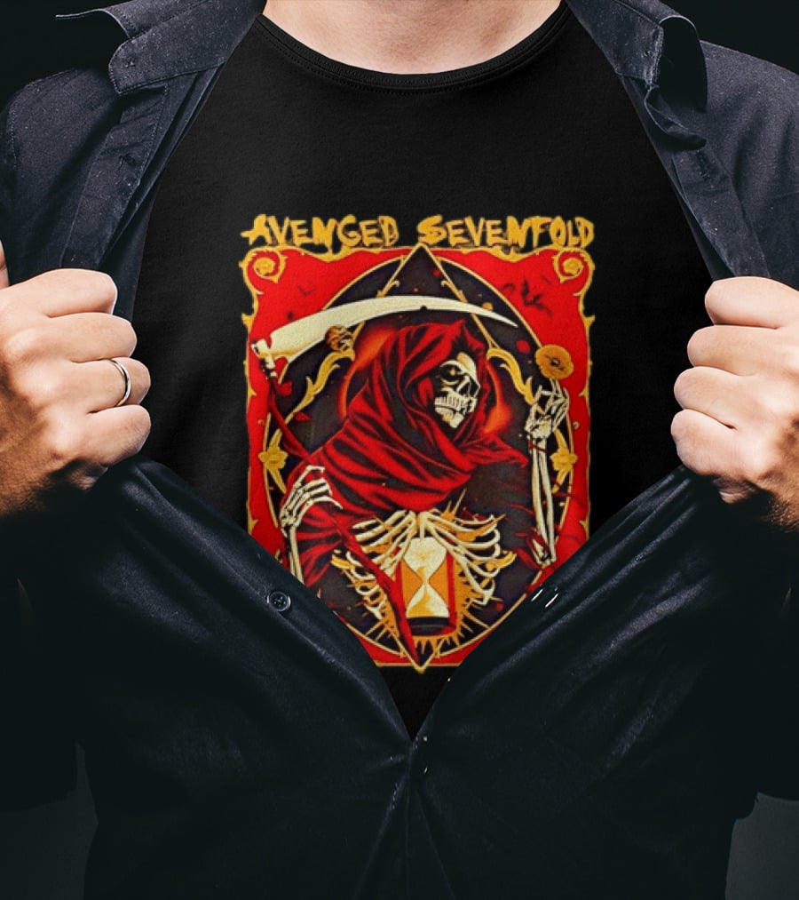 Avenged Sevenfold Grim Reaper Scythe Skeleton Hourglass Cloaked Skeleton T-Shirt