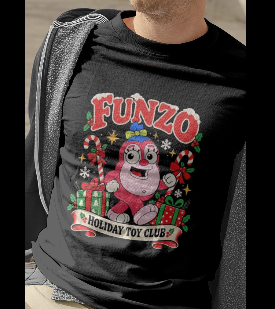Funzo Christmas Holiday Toy Club Candy Cane And Presents T-Shirt