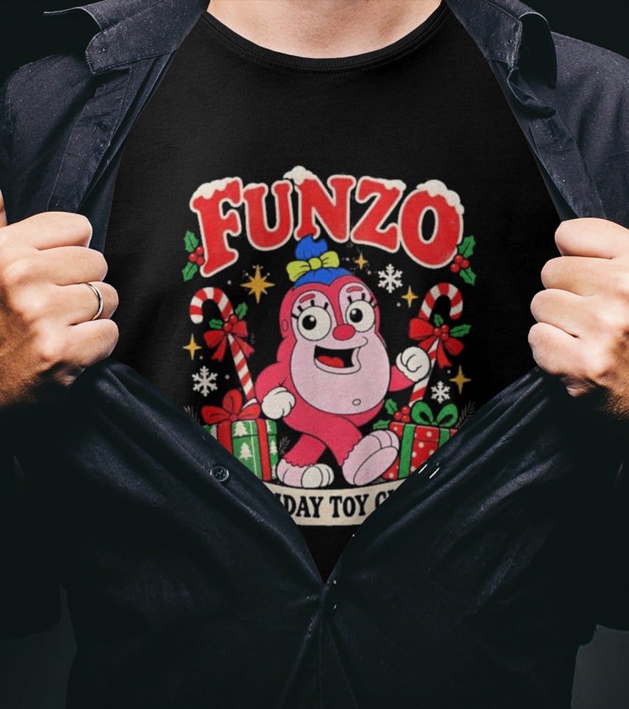 Funzo Christmas Holiday Toy Club Candy Cane And Presents T-Shirt